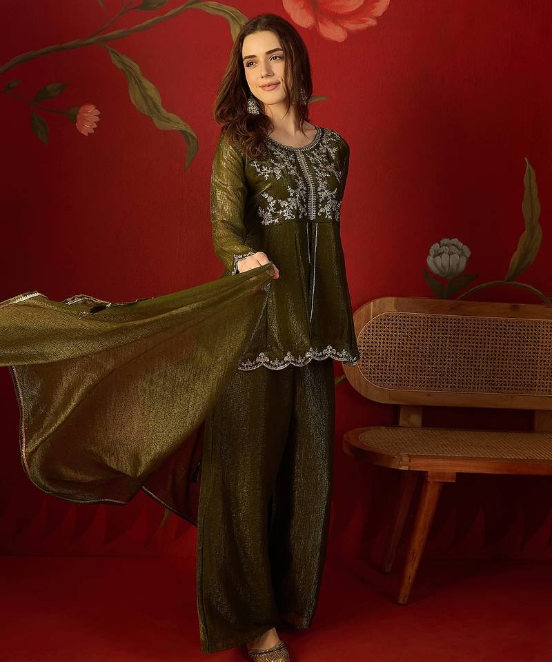 Olive silk chiffon embroidered kurta set.
