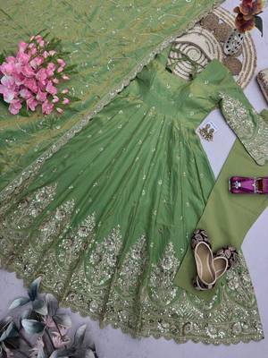 Pista colour embroidered georgette anarkali suit set with dupatta & pant 4