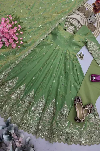 Pista colour embroidered georgette anarkali suit set with dupatta & pant