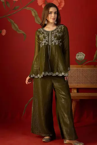 Olive silk chiffon embroidered kurta set.