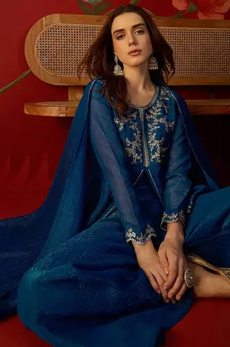 Teal silk chiffon embroidered kurta set