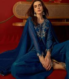 Teal silk chiffon embroidered kurta set