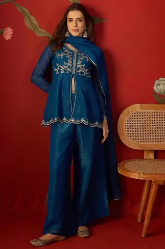 Teal silk chiffon embroidered kurta set