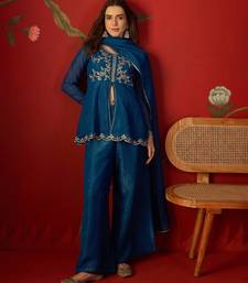 Teal silk chiffon embroidered kurta set