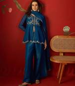 Teal silk chiffon embroidered kurta set