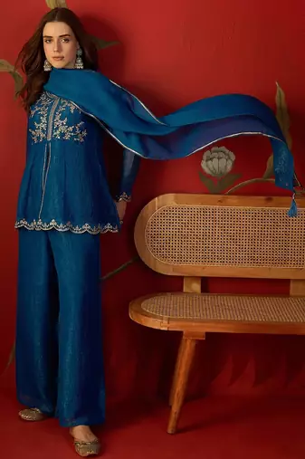 Teal silk chiffon embroidered kurta set