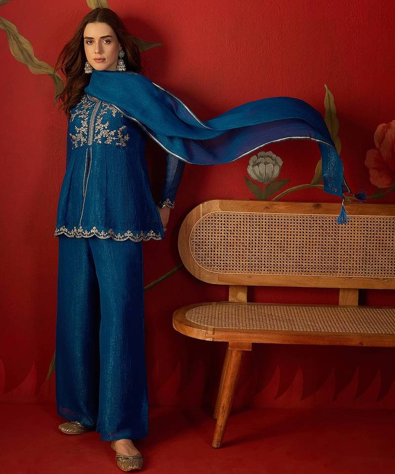 Teal silk chiffon embroidered kurta set