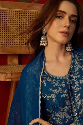 Teal silk chiffon embroidered kurta set