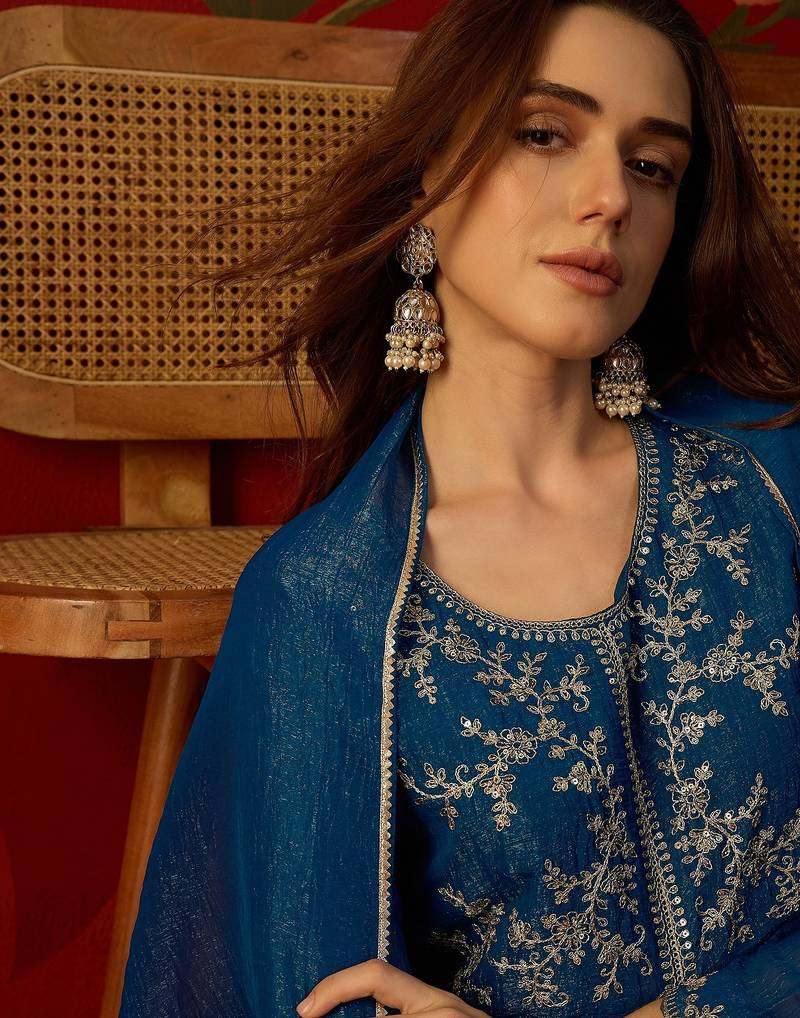 Teal silk chiffon embroidered kurta set