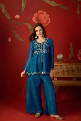 Teal silk chiffon embroidered kurta set
