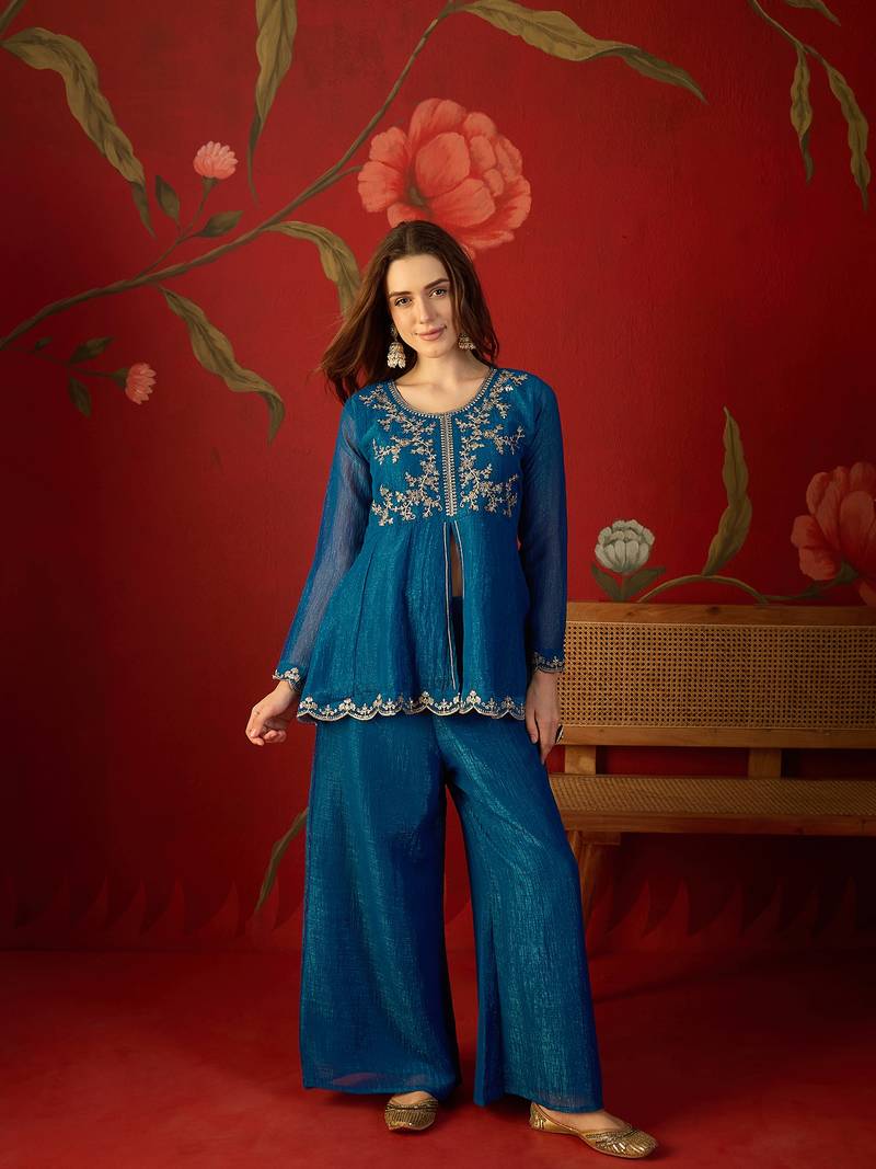 Teal silk chiffon embroidered kurta set