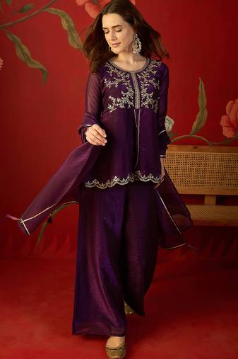 Wine silk chiffon embroidered kurta set