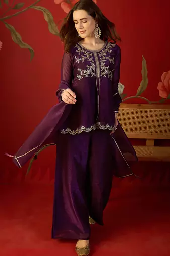 Wine silk chiffon embroidered kurta set