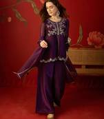 Wine silk chiffon embroidered kurta set