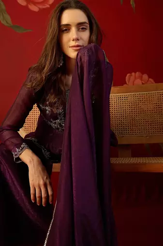 Wine silk chiffon embroidered kurta set