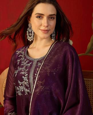 Wine silk chiffon embroidered kurta set 3