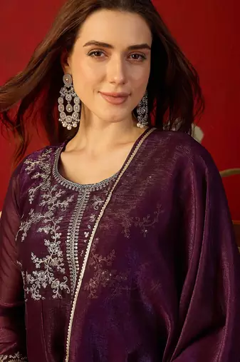 Wine silk chiffon embroidered kurta set