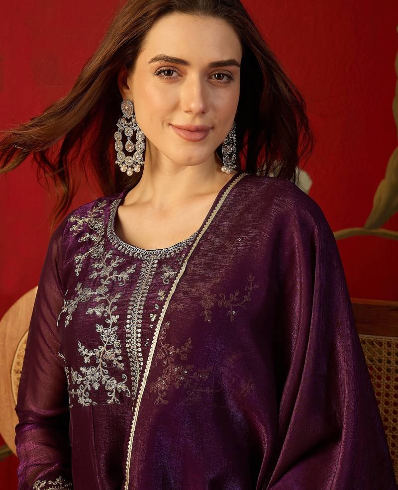 Wine silk chiffon embroidered kurta set