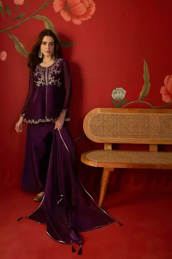 Wine silk chiffon embroidered kurta set
