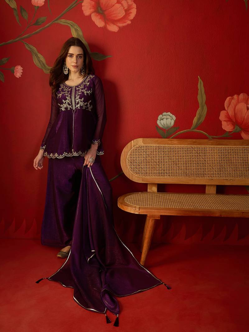 Wine silk chiffon embroidered kurta set