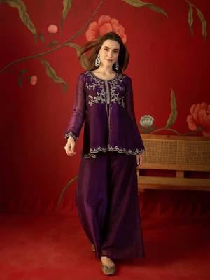Wine silk chiffon embroidered kurta set 5