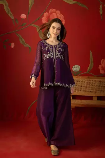 Wine silk chiffon embroidered kurta set