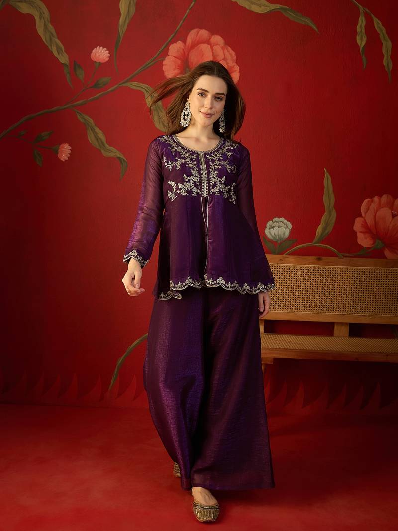 Wine silk chiffon embroidered kurta set