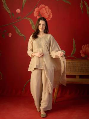 Beige silk chiffon embroidered kurta set. 1