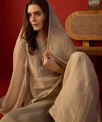 Beige silk chiffon embroidered kurta set. 2