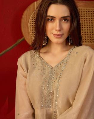 Beige silk chiffon embroidered kurta set. 4