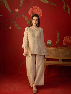 Beige silk chiffon embroidered kurta set. 5