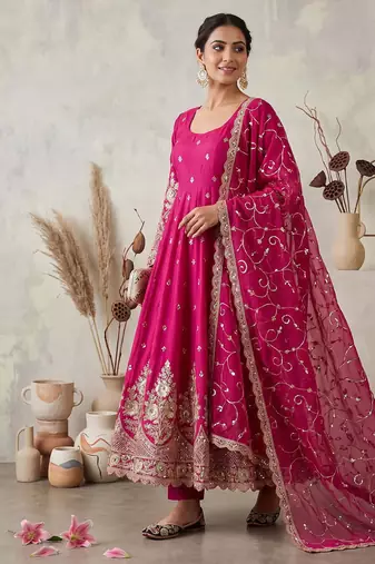 Rani pink colour embroidered georgette anarkali suit set with dupatta & pant
