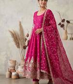 Rani pink colour embroidered georgette anarkali suit set with dupatta & pant