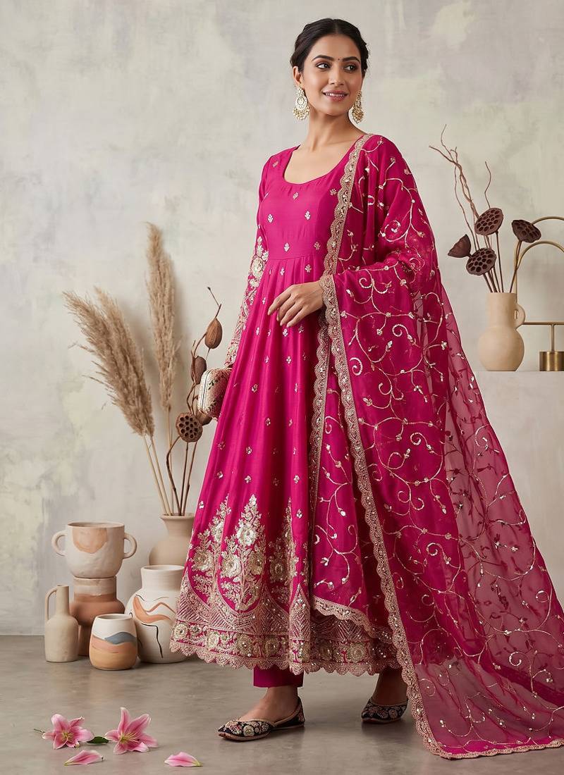 Rani pink colour embroidered georgette anarkali suit set with dupatta & pant