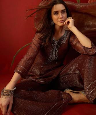 Coffee silk chiffon embroidered kurta set 1