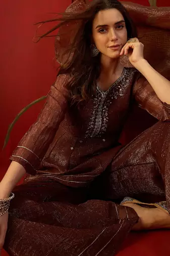 Coffee silk chiffon embroidered kurta set