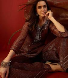 Coffee silk chiffon embroidered kurta set