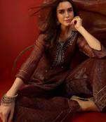 Coffee silk chiffon embroidered kurta set