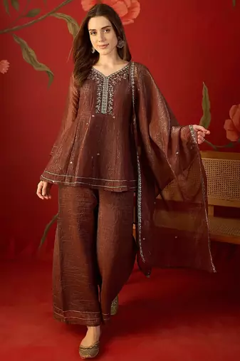 Coffee silk chiffon embroidered kurta set