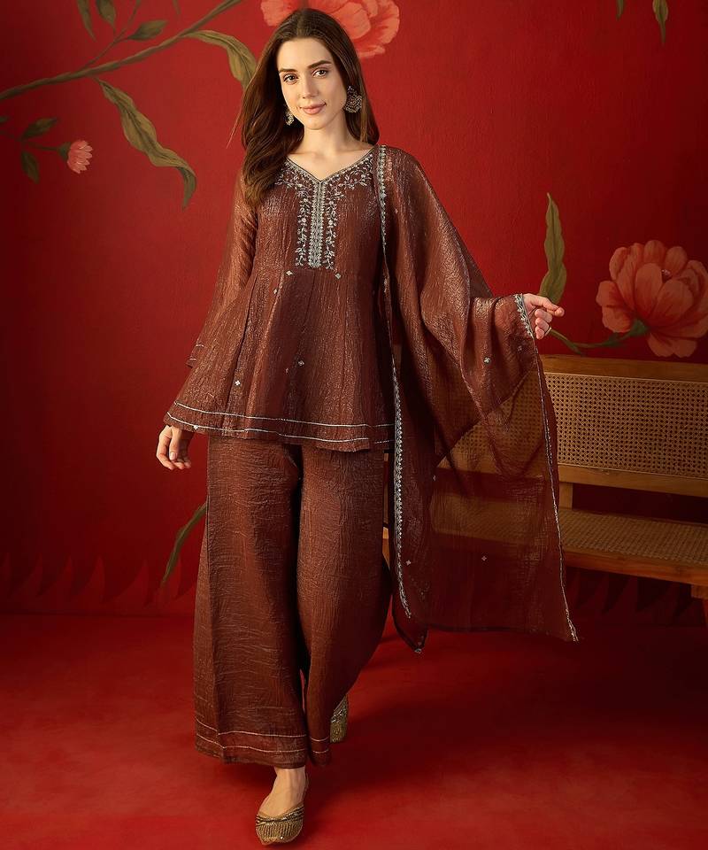 Coffee silk chiffon embroidered kurta set