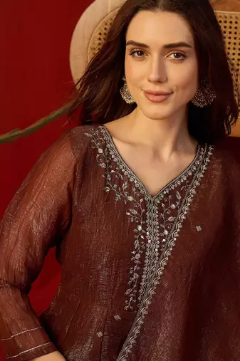 Coffee silk chiffon embroidered kurta set