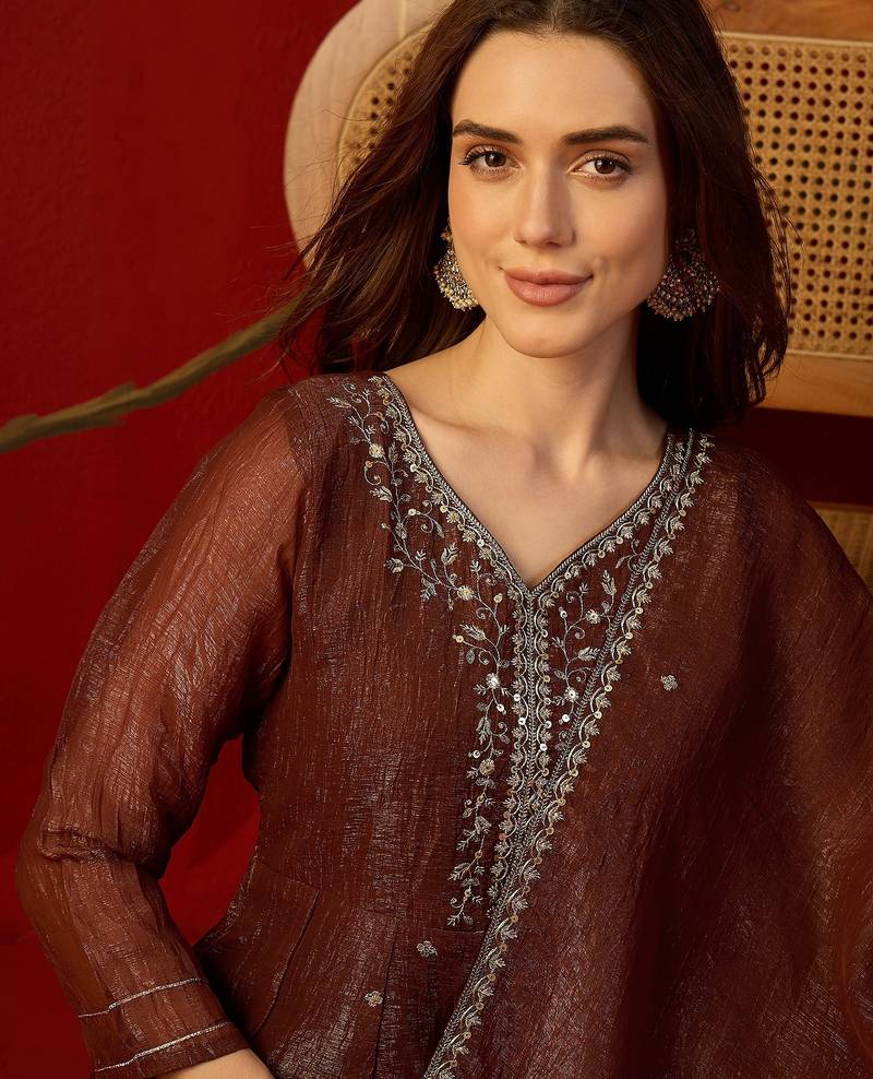 Coffee silk chiffon embroidered kurta set