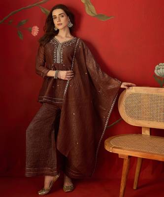 Coffee silk chiffon embroidered kurta set 4