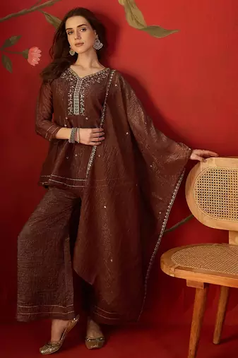 Coffee silk chiffon embroidered kurta set