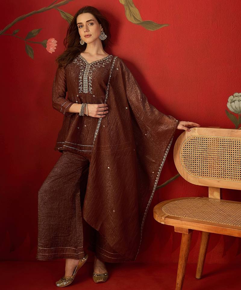 Coffee silk chiffon embroidered kurta set