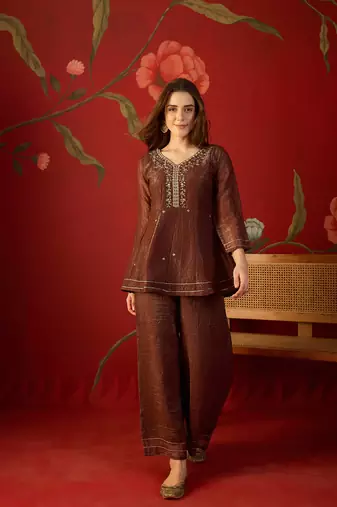 Coffee silk chiffon embroidered kurta set