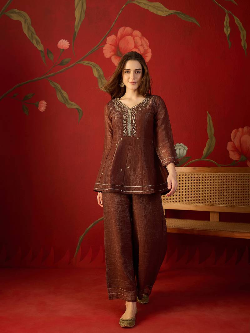 Coffee silk chiffon embroidered kurta set