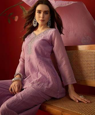 Lilac silk chiffon embroidered kurta set 2