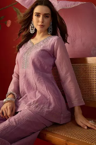 Lilac silk chiffon embroidered kurta set