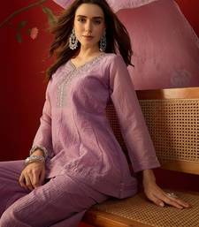 Lilac silk chiffon embroidered kurta set